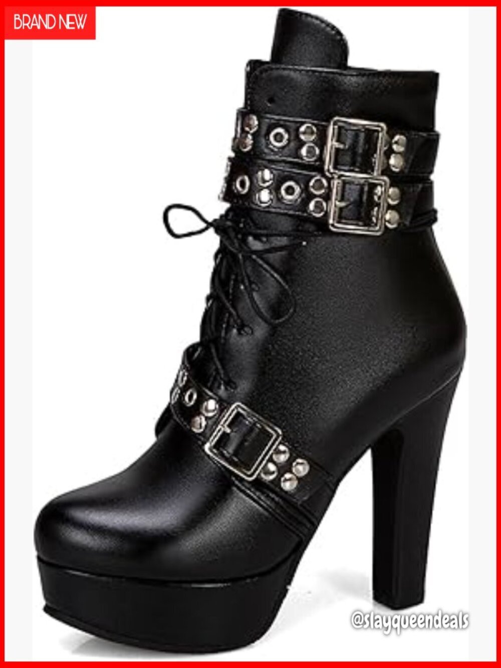 Chunky Heel Ankle Boots Studded Buckle Lace Up Platform Punk Combat Gothic
